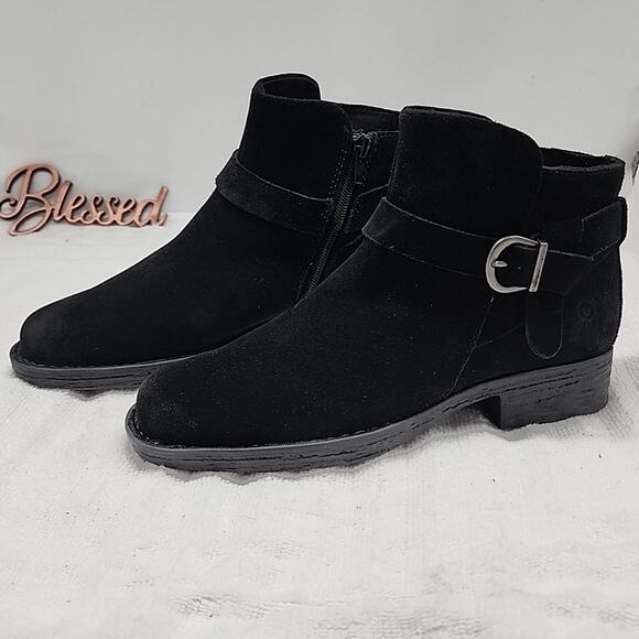 🍂BORN🍂 LESLEY🍂 BLACK LEATHER SUEDE SIDE BUCKLE STRAP BOOTIES LADIES 7.5 NWOB - Picture 1 of 16